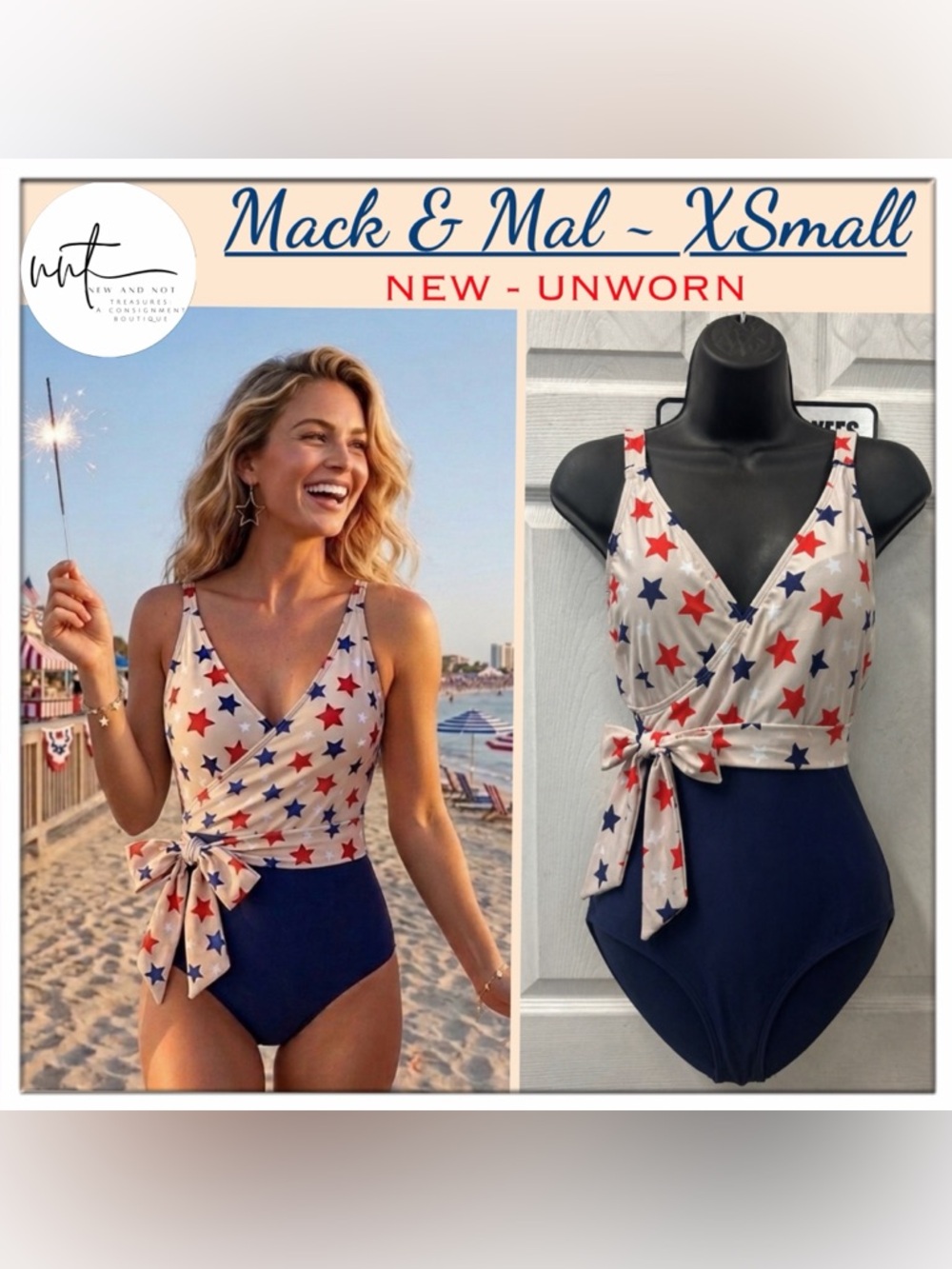 NEW Mack and Mal Red White and Blue Star V-Neck Faux Wrap One Piece Swimsuit XS